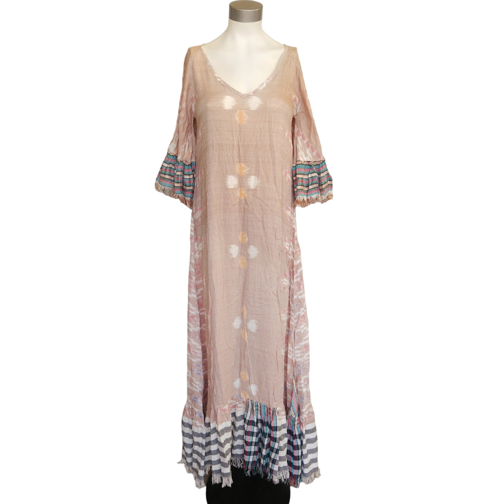 ERIKA PENA Tribal E Margarita Long Ikat maxi ruffle fringe dress in caffe XS NEW